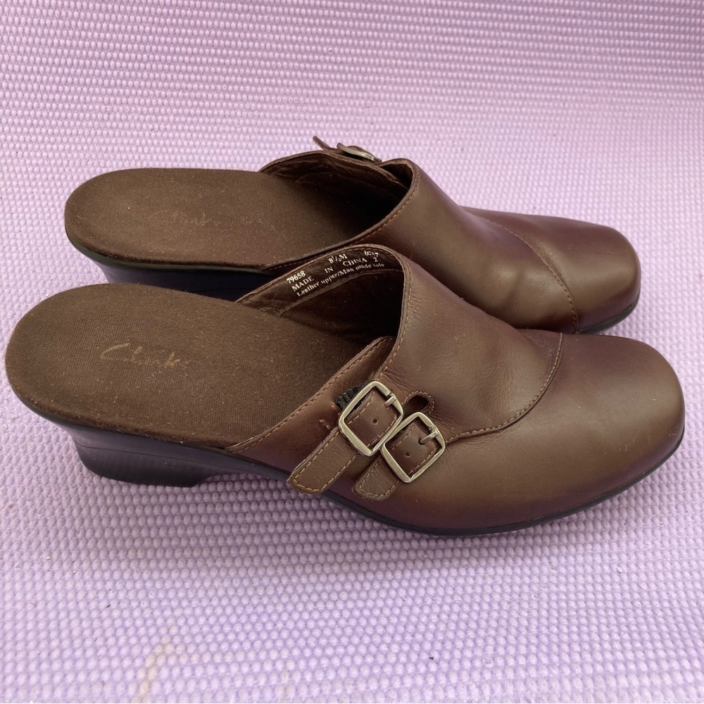 Clarks Leather Slip-On Mules Leather Shoes With Buckle Detail Brown Size 8.5